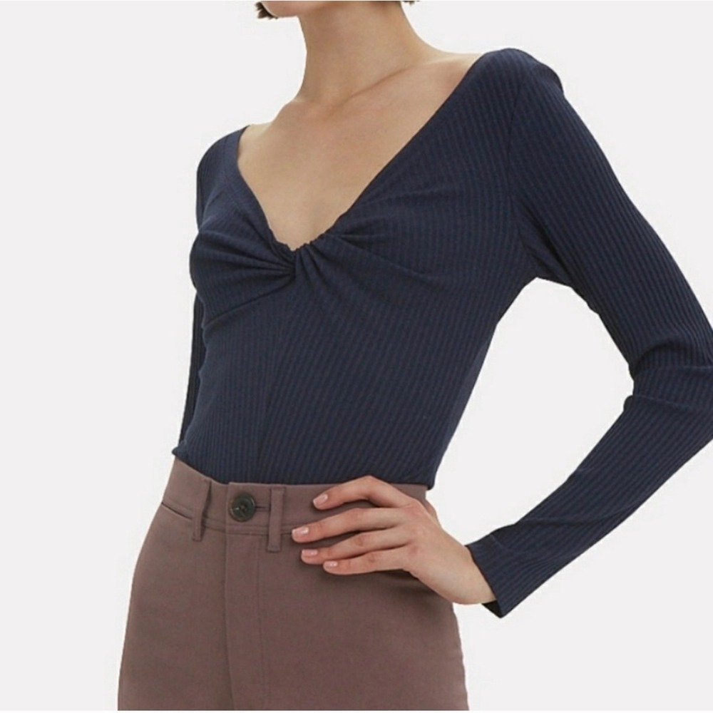 ALC‎ Savannah Top Twist Front Long Sleeve Ribbed V Neck Navy Blue - XSmall